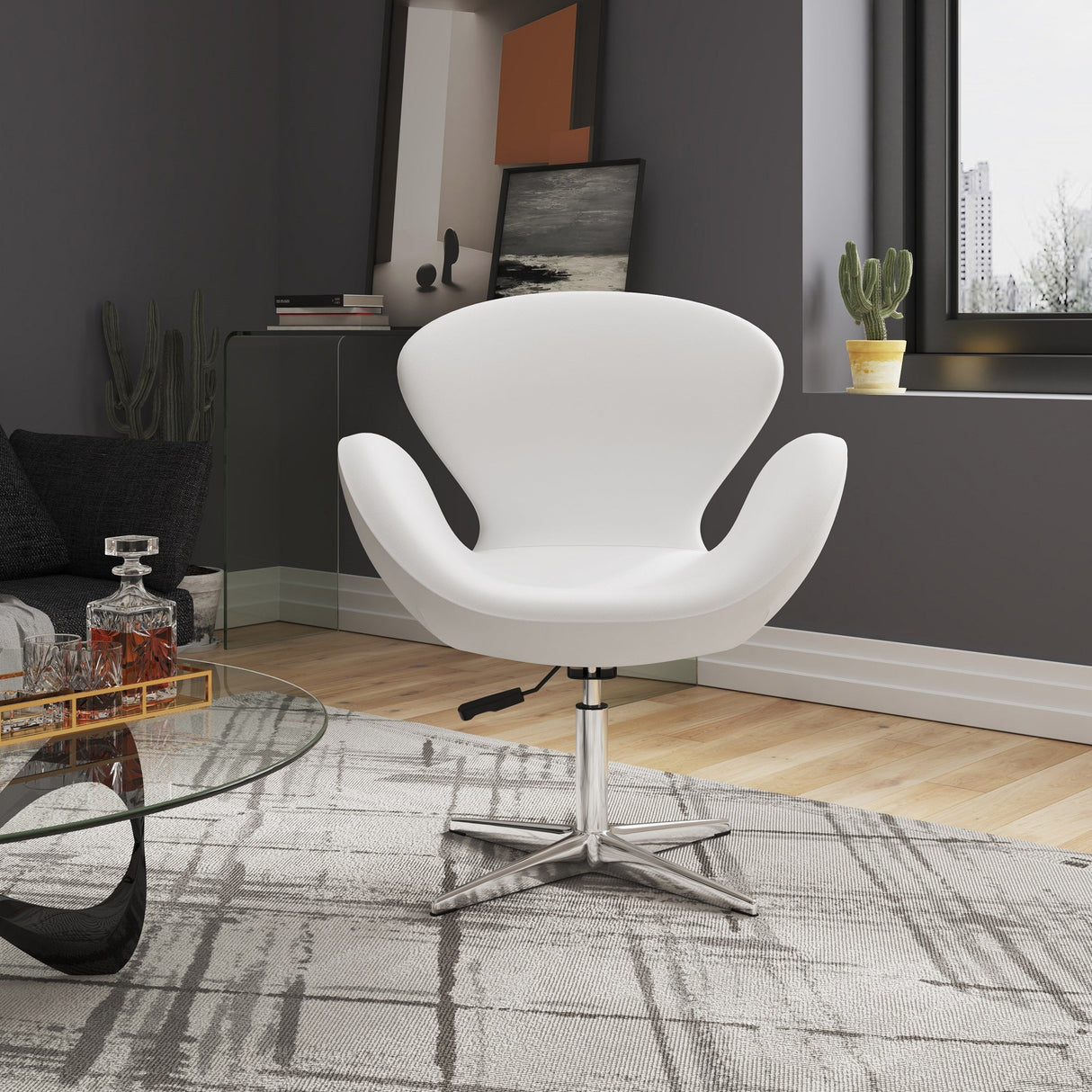 Raspberry Faux Leather Adjustable Swivel Chair in White and Polished Chrome by Manhattan Comfort at Eve Furniture