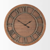 Raul Medium Brown Wood W/ Silver Metal Wall Clock by Mercana at Eve Furniture