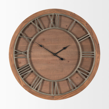 Raul Medium Brown Wood W/ Silver Metal Wall Clock by Mercana at Eve Furniture