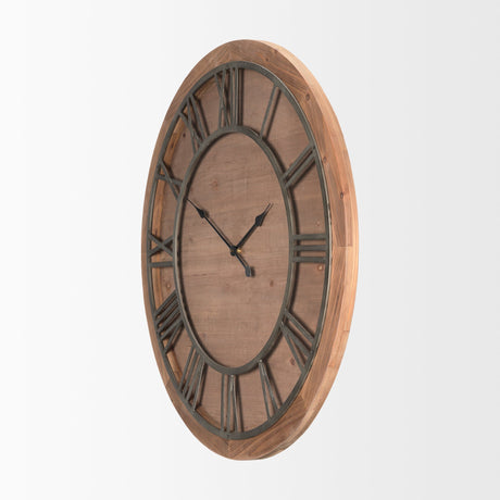 Raul Medium Brown Wood W/ Silver Metal Wall Clock by Mercana at Eve Furniture