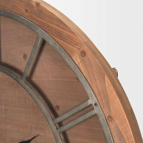 Raul Medium Brown Wood W/ Silver Metal Wall Clock by Mercana at Eve Furniture
