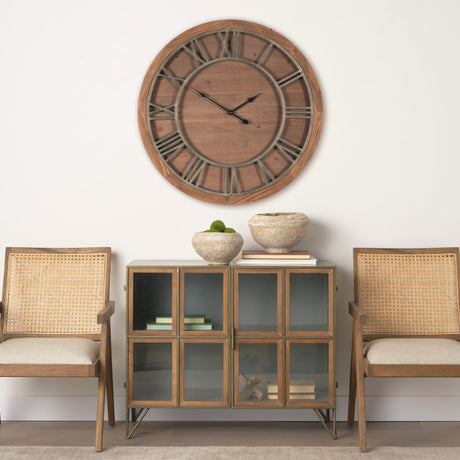 Raul Medium Brown Wood W/ Silver Metal Wall Clock by Mercana at Eve Furniture