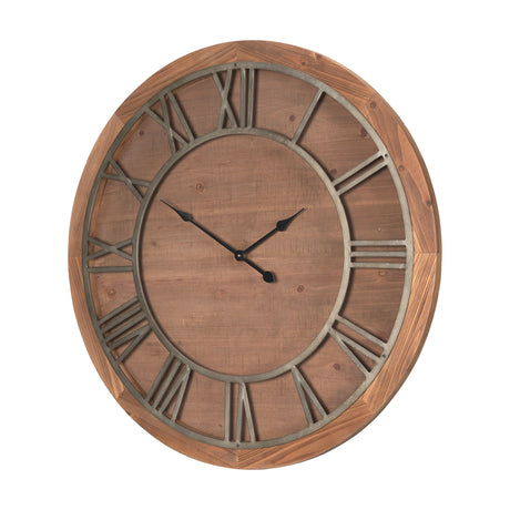 Raul Medium Brown Wood W/ Silver Metal Wall Clock by Mercana at Eve Furniture