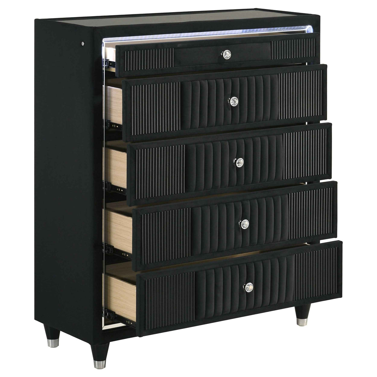 Ravenne Black 5-drawer Velvet Upholstered LED Chest of Drawers by Coaster at Eve Furniture
