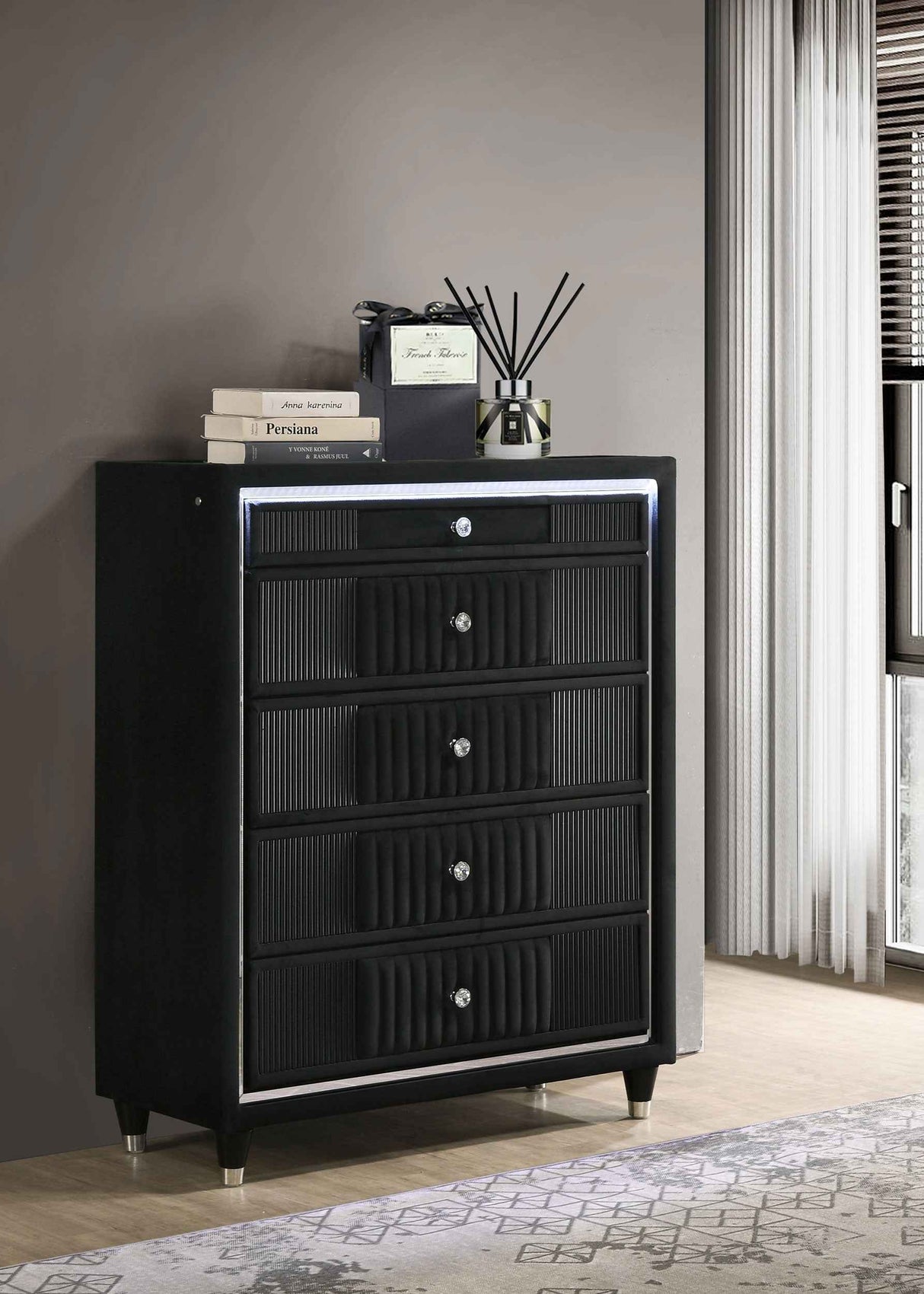 Ravenne Black 5-drawer Velvet Upholstered LED Chest of Drawers by Coaster at Eve Furniture