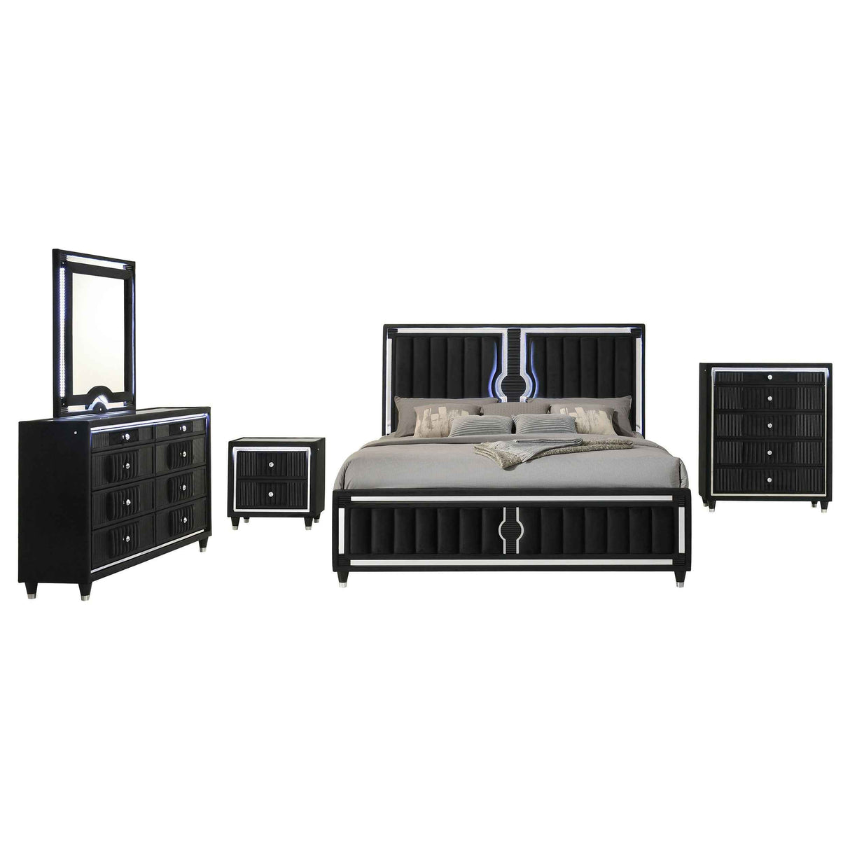 Ravenne Black 5-piece Velvet Upholstered Eastern King LED Bedroom Set by Coaster at Eve Furniture