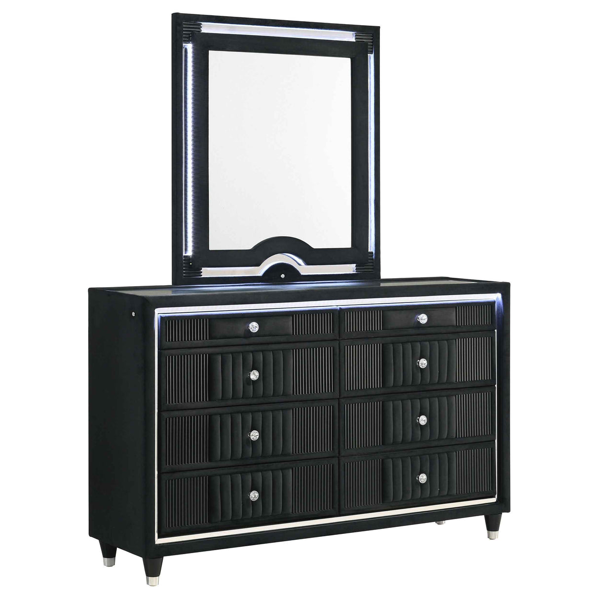 Ravenne Black 8-drawer Velvet Upholstered LED Dresser and Mirror by Coaster at Eve Furniture