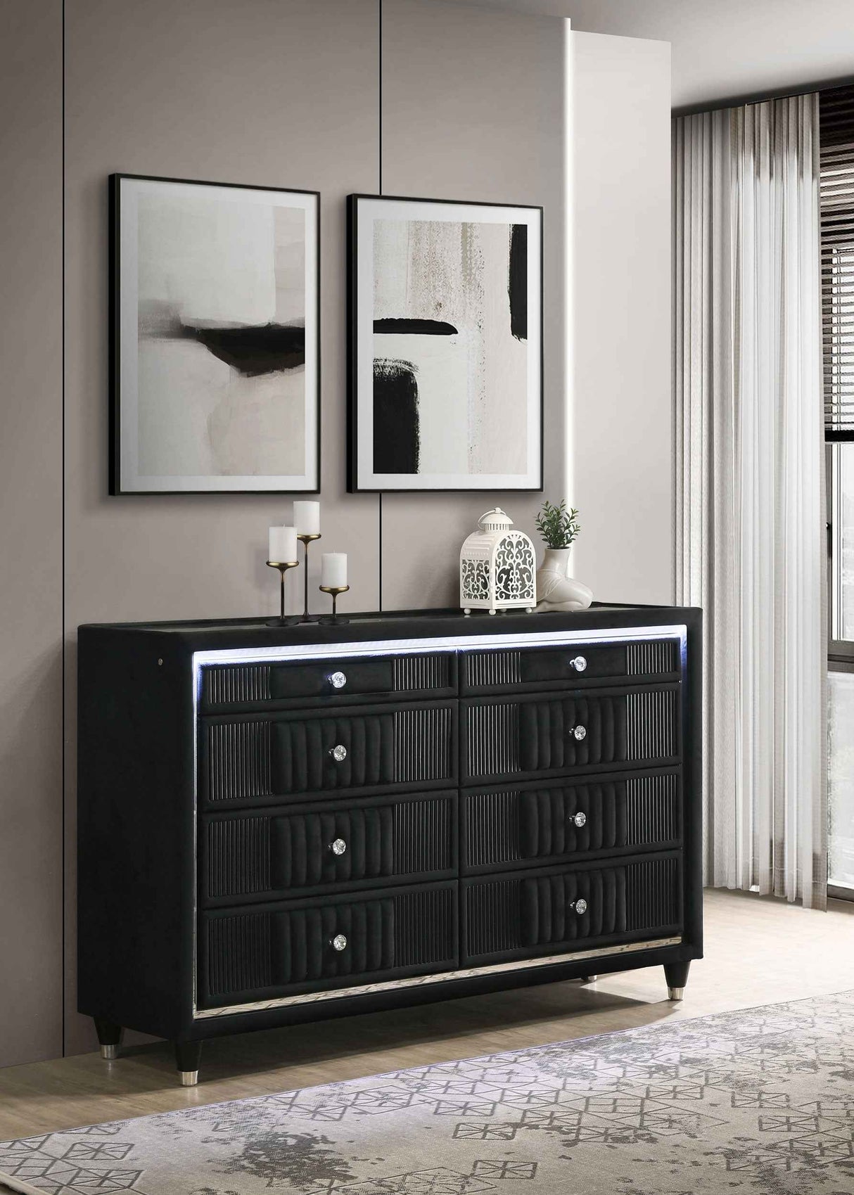 Ravenne Black 8-drawer Velvet Upholstered LED Dresser Cabinet by Coaster at Eve Furniture