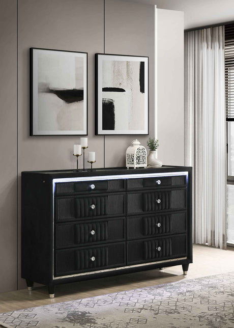 Ravenne Black 8-drawer Velvet Upholstered LED Dresser Cabinet by Coaster at Eve Furniture