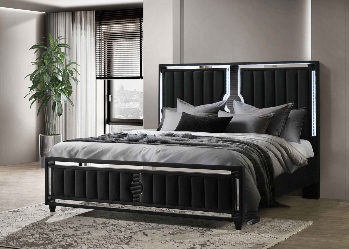 Ravenne Black Velvet Upholstered Eastern King LED Panel Bed by Coaster at Eve Furniture