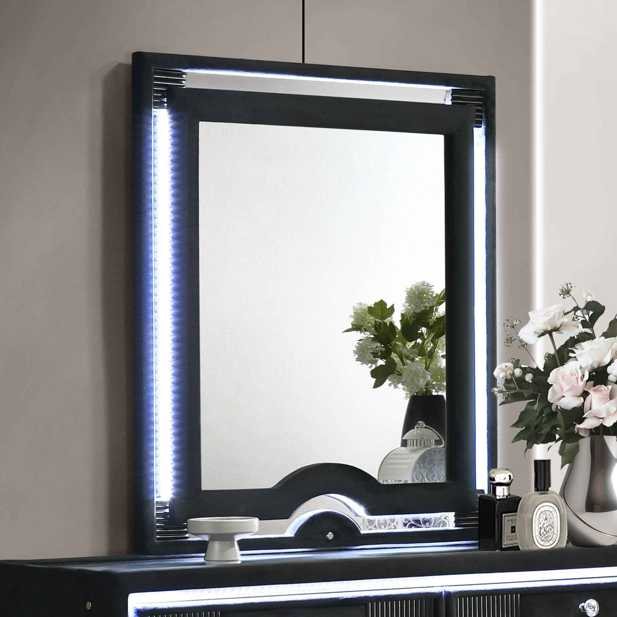 Ravenne Black Velvet Upholstered LED Dresser Mirror by Coaster at Eve Furniture