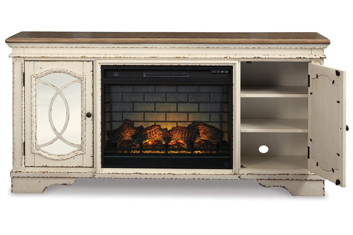 Realyn Chipped White 74" TV Stand with Electric Fireplace by Ashley at Eve Furniture