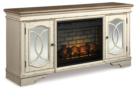 Realyn Chipped White 74" TV Stand with Electric Fireplace by Ashley at Eve Furniture