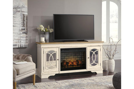 Realyn Chipped White 74" TV Stand with Electric Fireplace by Ashley at Eve Furniture