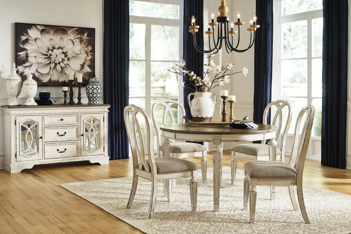 Realyn Chipped White Dining Table and 8 Ribbon Back Chairs by Ashley at Eve Furniture