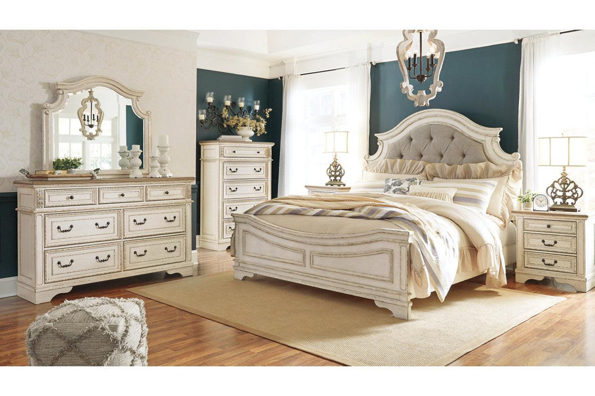 Realyn Chipped White King Upholstered Panel Bed by Ashley at Eve Furniture