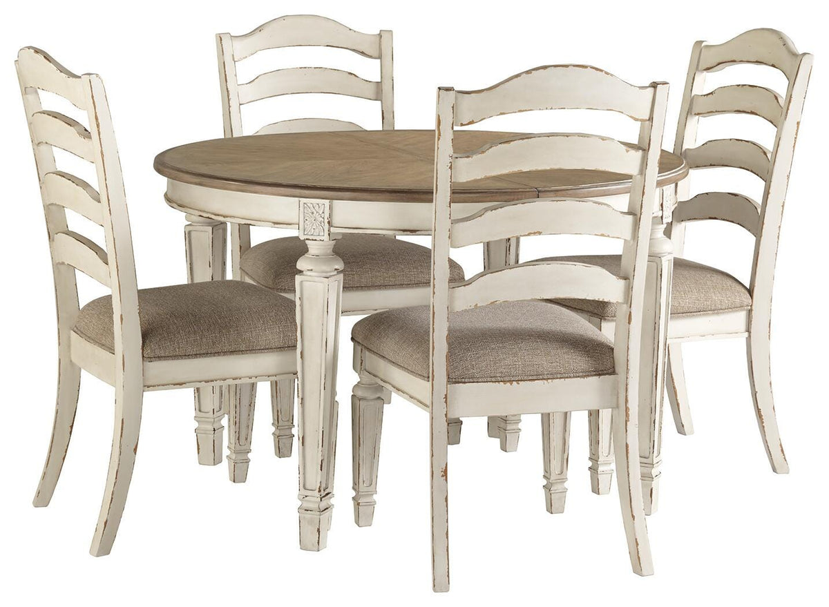 Realyn Chipped White Oval Dining Table and 4 Ladder Back Chairs by Ashley at Eve Furniture
