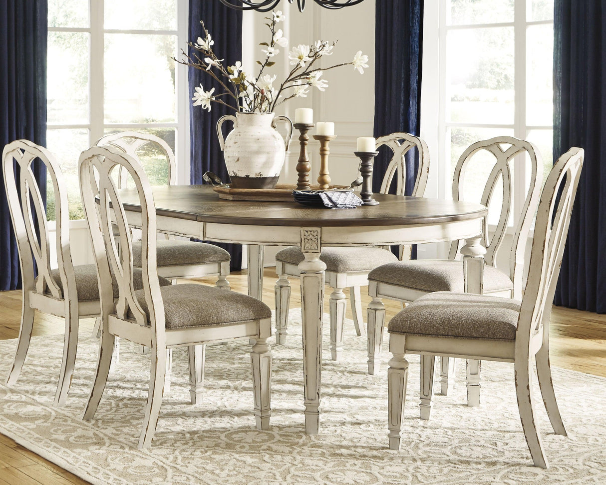 Realyn Chipped White Oval Dining Table and 6 Chairs with Server by Ashley at Eve Furniture