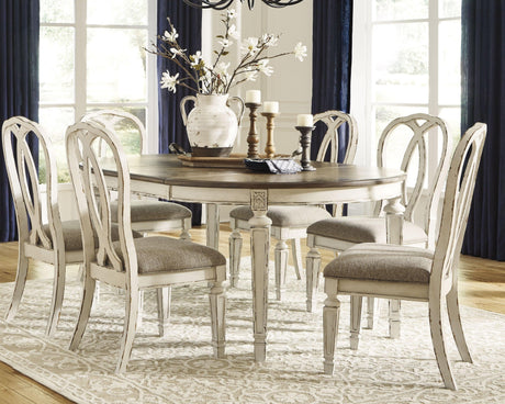 Realyn Chipped White Oval Dining Table and 6 Chairs with Server by Ashley at Eve Furniture