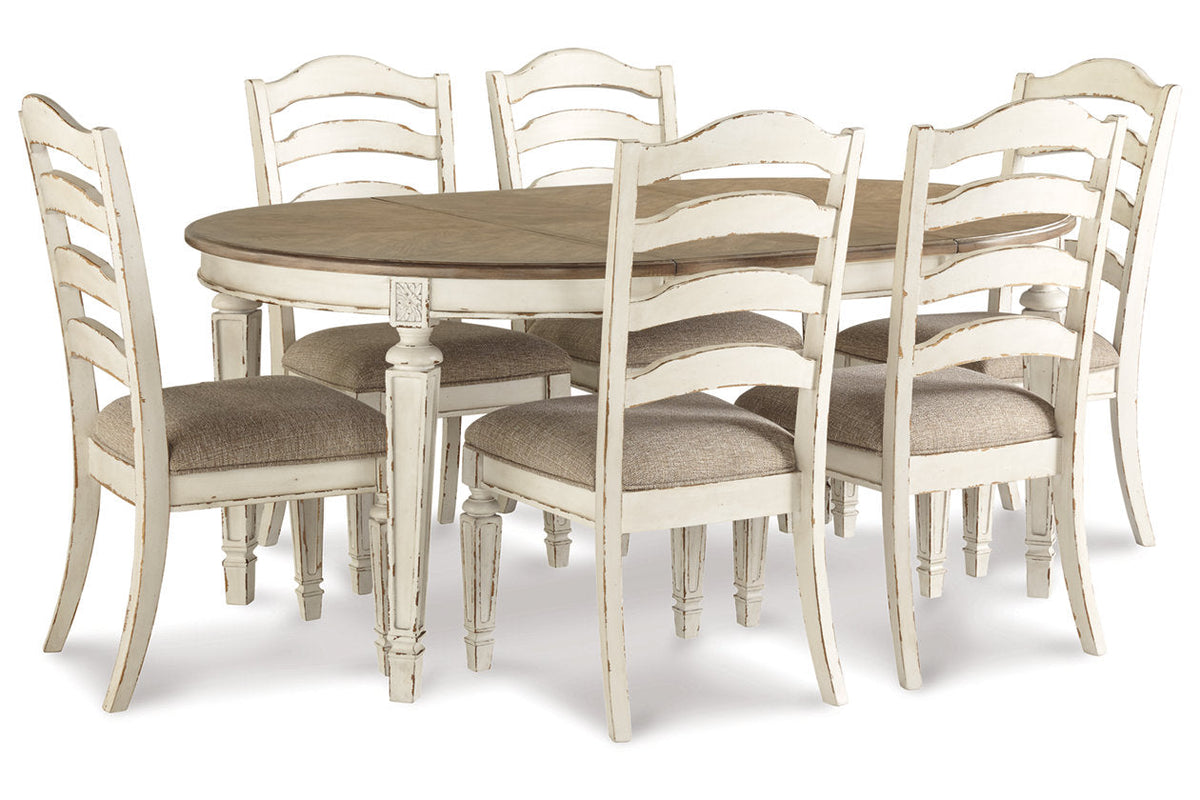 Realyn Chipped White Oval Dining Table and 6 Ladder Back Chairs by Ashley at Eve Furniture