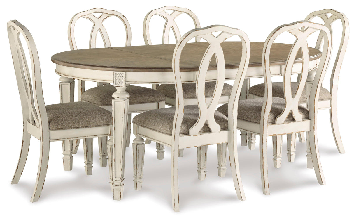 Realyn Chipped White Oval Extendable Round/Oval Ribbon Dining Set by Ashley at Eve Furniture