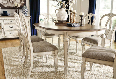 Realyn Chipped White Oval Extendable Round/Oval Ribbon Dining Set by Ashley at Eve Furniture