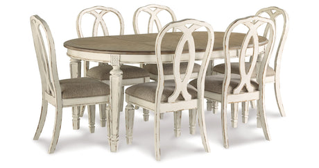 Realyn Chipped White Oval/Round Dining Table and 6 Ribbon Back Chairs by Ashley at Eve Furniture