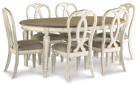Realyn Chipped White Oval/Round Dining Table and 6 Ribbon Back Chairs by Ashley at Eve Furniture