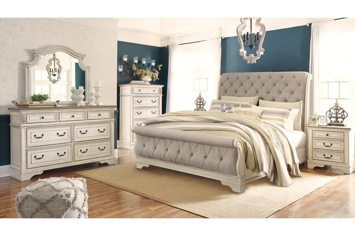 Realyn Chipped White Queen Sleigh Bed by Ashley at Eve Furniture
