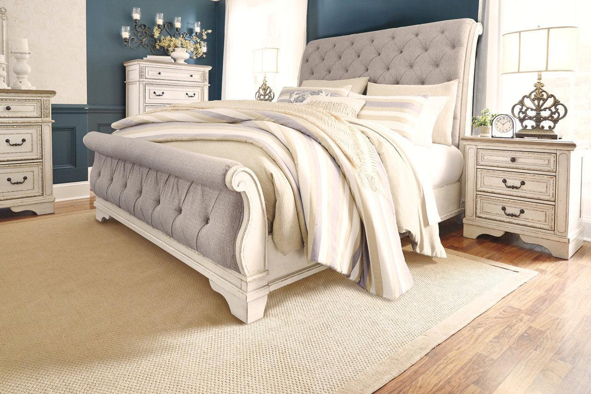 Realyn Chipped White Queen Sleigh Bed by Ashley at Eve Furniture
