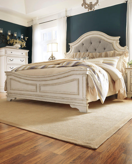 Realyn Chipped White Upholstered Panel Bedroom Set by Ashley at Eve Furniture