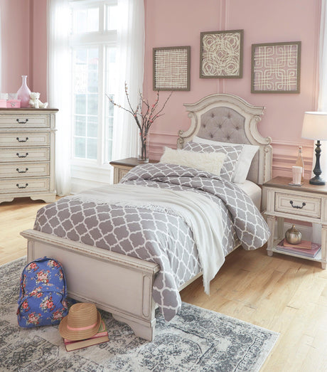 Realyn Chipped White Upholstered Panel Youth Bedroom Set by Ashley at Eve Furniture