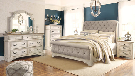 Realyn Chipped White Upholstered Sleigh Bedroom Set by Ashley at Eve Furniture