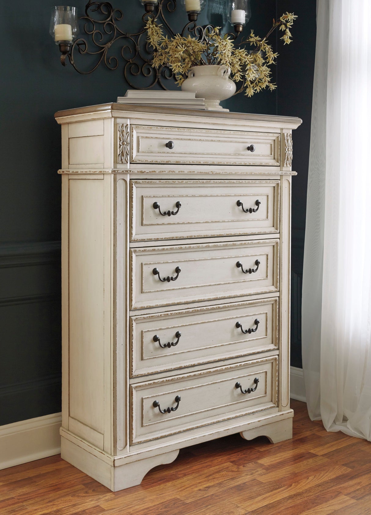 Realyn Chipped White Upholstered Storage Platform Bedroom Set with Footboard Bench by Ashley at Eve Furniture