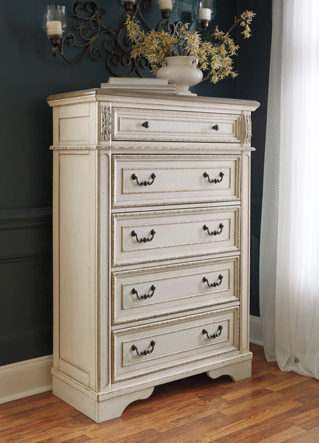 Realyn Chipped White Upholstered Storage Platform Bedroom Set with Footboard Bench by Ashley at Eve Furniture