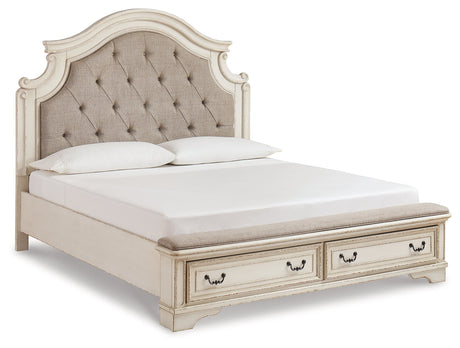 Realyn Chipped White Upholstered Storage Platform Bedroom Set with Footboard Bench by Ashley at Eve Furniture