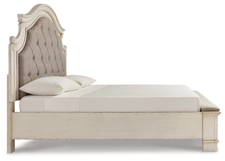 Realyn Chipped White Upholstered Storage Platform Bedroom Set with Footboard Bench by Ashley at Eve Furniture