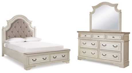 Realyn Chipped White Upholstered Storage Platform Bedroom Set with Footboard Bench by Ashley at Eve Furniture