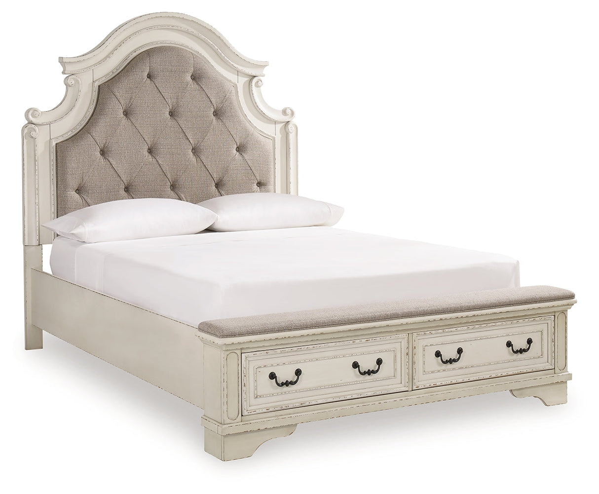 Realyn Chipped White Upholstered Storage Platform Bedroom Set with Footboard Bench by Ashley at Eve Furniture