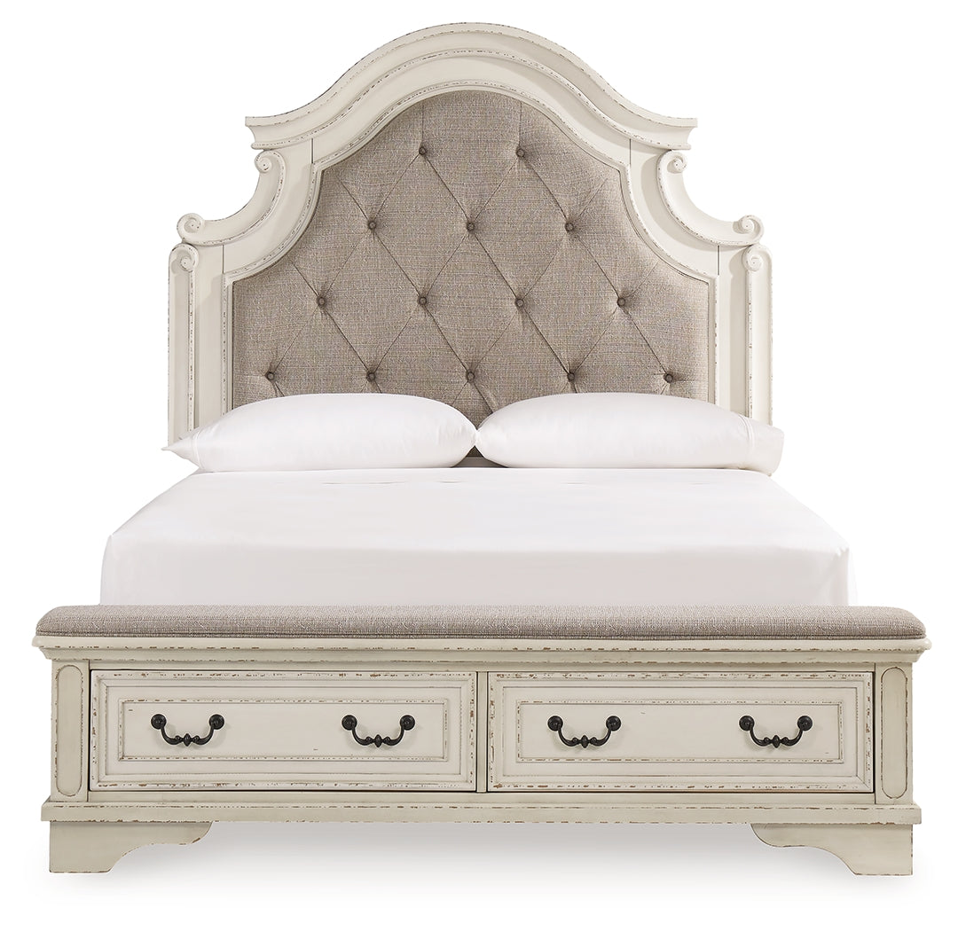 Realyn Chipped White Upholstered Storage Platform Bedroom Set with Footboard Bench by Ashley at Eve Furniture