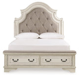 Realyn Chipped White Upholstered Storage Platform Bedroom Set with Footboard Bench by Ashley at Eve Furniture