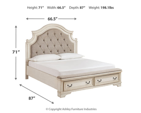 Realyn Chipped White Upholstered Storage Platform Bedroom Set with Footboard Bench by Ashley at Eve Furniture