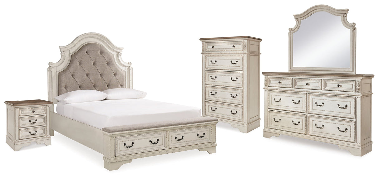 Realyn Chipped White Upholstered Storage Platform Bedroom Set with Footboard Bench by Ashley at Eve Furniture