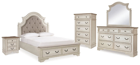 Realyn Chipped White Upholstered Storage Platform Bedroom Set with Footboard Bench by Ashley at Eve Furniture
