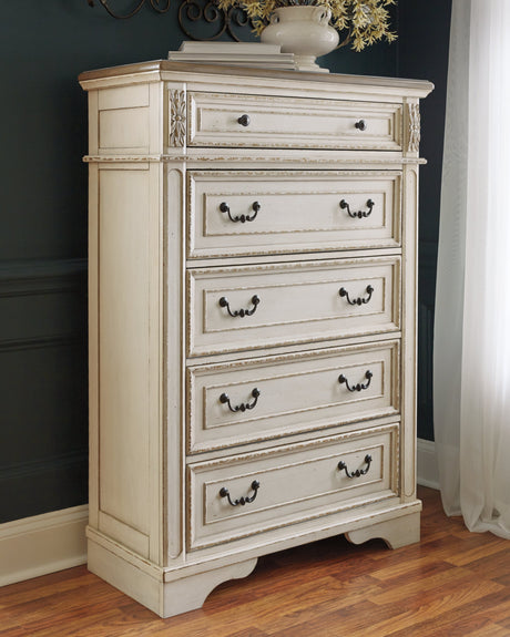 Realyn Chipped White Upholstered Storage Platform Bedroom Set with Footboard Bench by Ashley at Eve Furniture