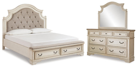 Realyn Chipped White Upholstered Storage Platform Bedroom Set with Footboard Bench by Ashley at Eve Furniture