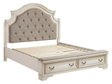 Realyn Chipped White Upholstered Storage Platform Bedroom Set with Footboard Bench by Ashley at Eve Furniture