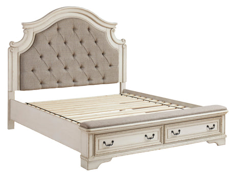 Realyn Chipped White Upholstered Storage Platform Bedroom Set with Footboard Bench by Ashley at Eve Furniture