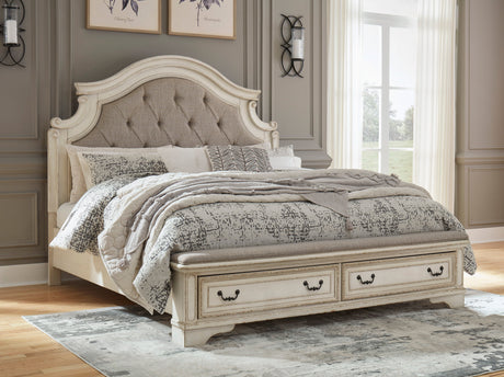 Realyn Chipped White Upholstered Storage Platform Bedroom Set with Footboard Bench by Ashley at Eve Furniture