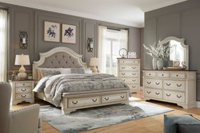 Realyn Chipped White Upholstered Storage Platform Bedroom Set with Footboard Bench by Ashley at Eve Furniture
